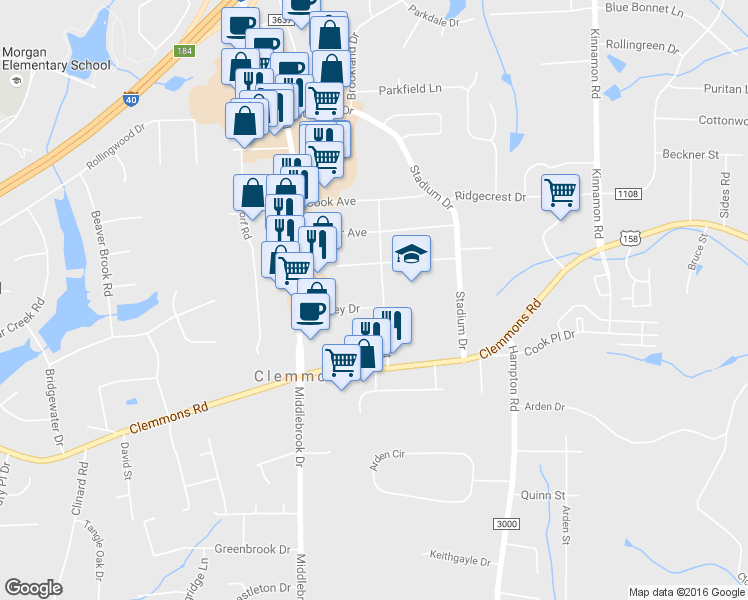 map of restaurants, bars, coffee shops, grocery stores, and more near 6040 James Street in Clemmons