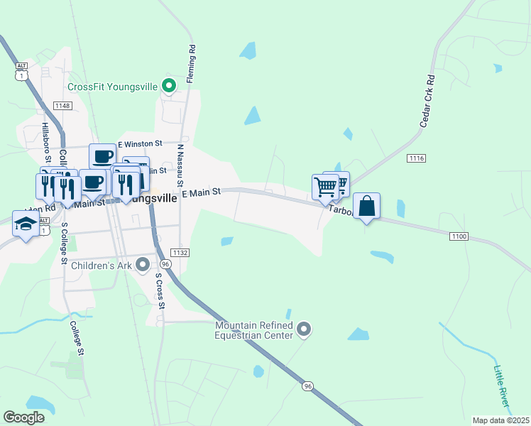 map of restaurants, bars, coffee shops, grocery stores, and more near 107 Corano Lane in Youngsville