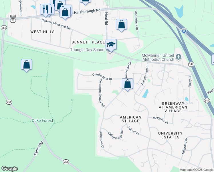 map of restaurants, bars, coffee shops, grocery stores, and more near 103 Regiment Way in Durham