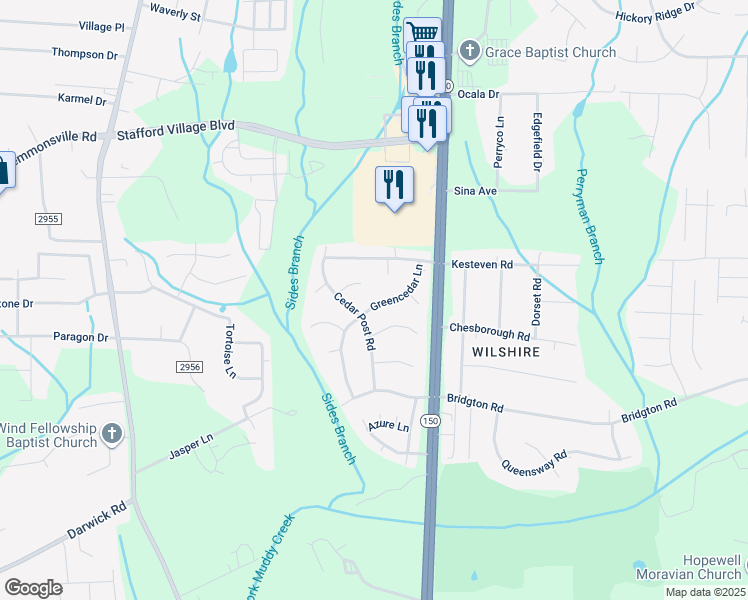 map of restaurants, bars, coffee shops, grocery stores, and more near 1809 Greencedar Lane in Winston-Salem