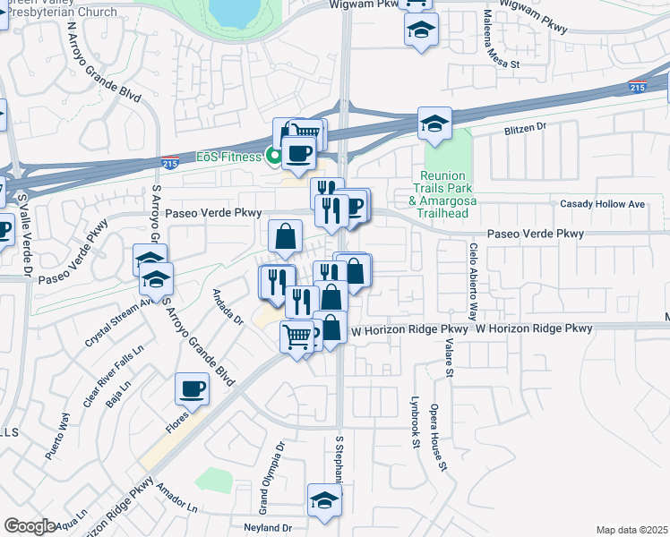 map of restaurants, bars, coffee shops, grocery stores, and more near 146 Samantha Rose Street in Henderson