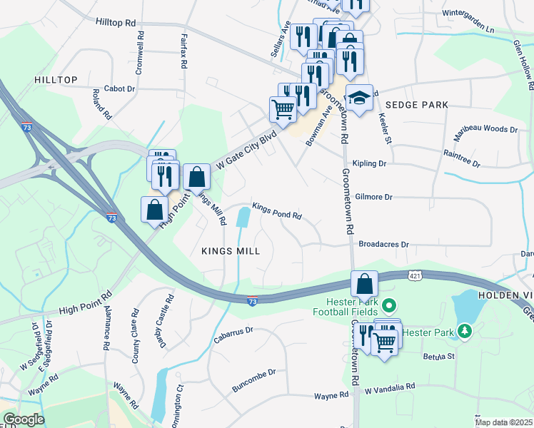 map of restaurants, bars, coffee shops, grocery stores, and more near 3104 Kings Pond Road in Greensboro
