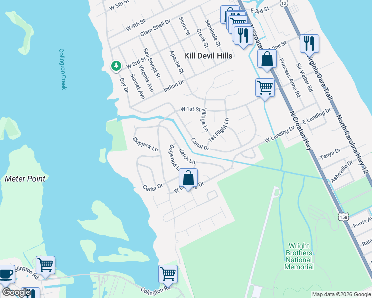 map of restaurants, bars, coffee shops, grocery stores, and more near 1519 Ketch Lane in Kill Devil Hills