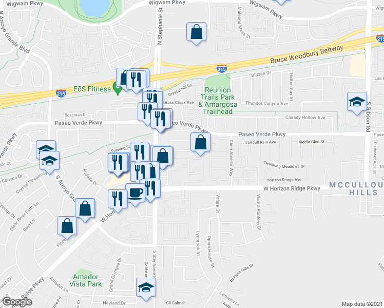 map of restaurants, bars, coffee shops, grocery stores, and more near 1305 Spice Ridge Court in Henderson