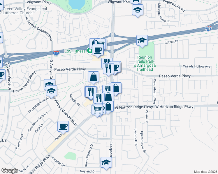 map of restaurants, bars, coffee shops, grocery stores, and more near 146 Samantha Rose Street in Henderson