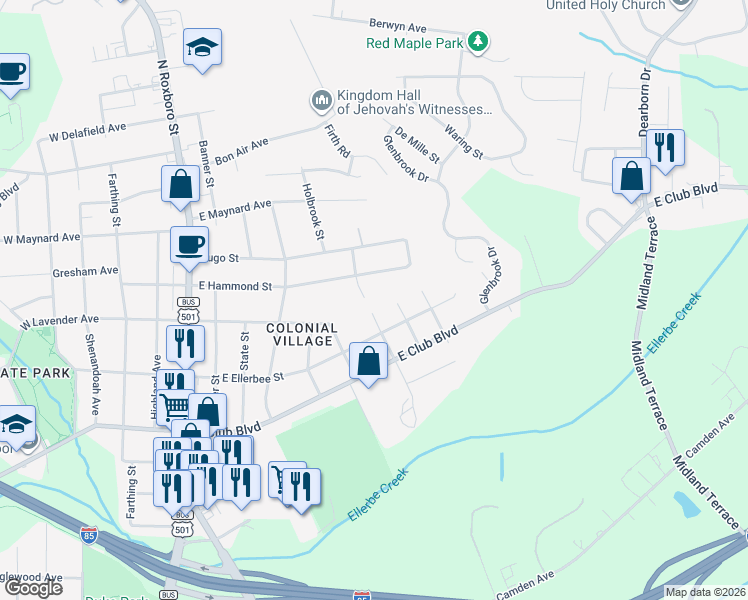 map of restaurants, bars, coffee shops, grocery stores, and more near 803 East Lavender Avenue in Durham