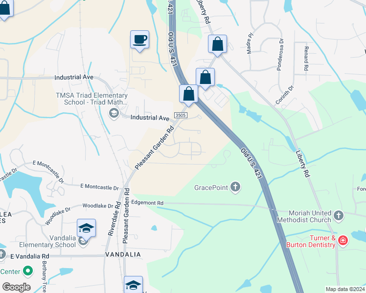 map of restaurants, bars, coffee shops, grocery stores, and more near 3223 Pleasant Garden Road in Greensboro