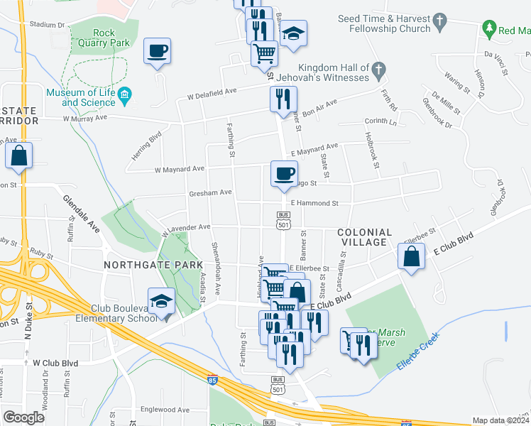 map of restaurants, bars, coffee shops, grocery stores, and more near 2610 Highland Avenue in Durham
