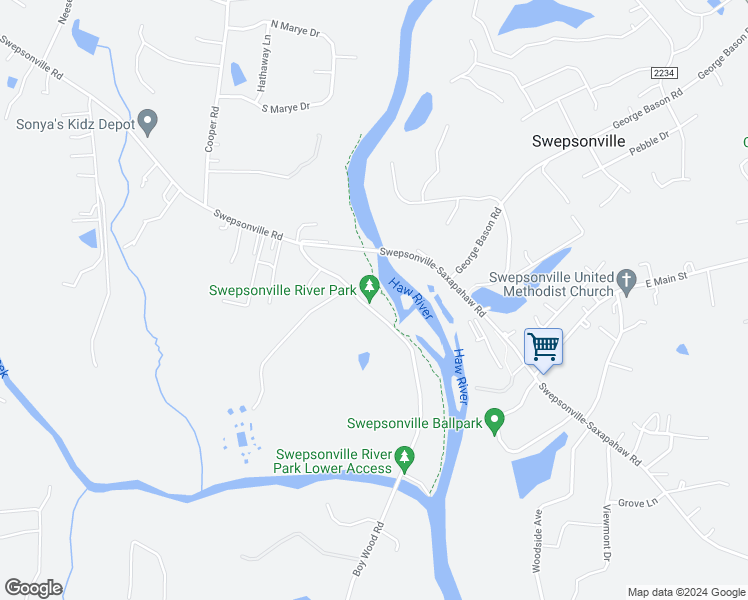 map of restaurants, bars, coffee shops, grocery stores, and more near 2472 Boywood Road in Graham