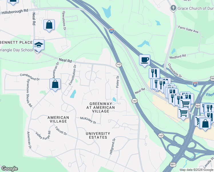 map of restaurants, bars, coffee shops, grocery stores, and more near 6 Prestwick Place in Durham