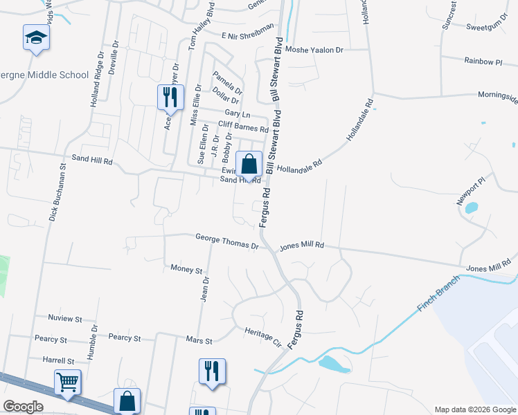 map of restaurants, bars, coffee shops, grocery stores, and more near 315 Fergus Road in La Vergne