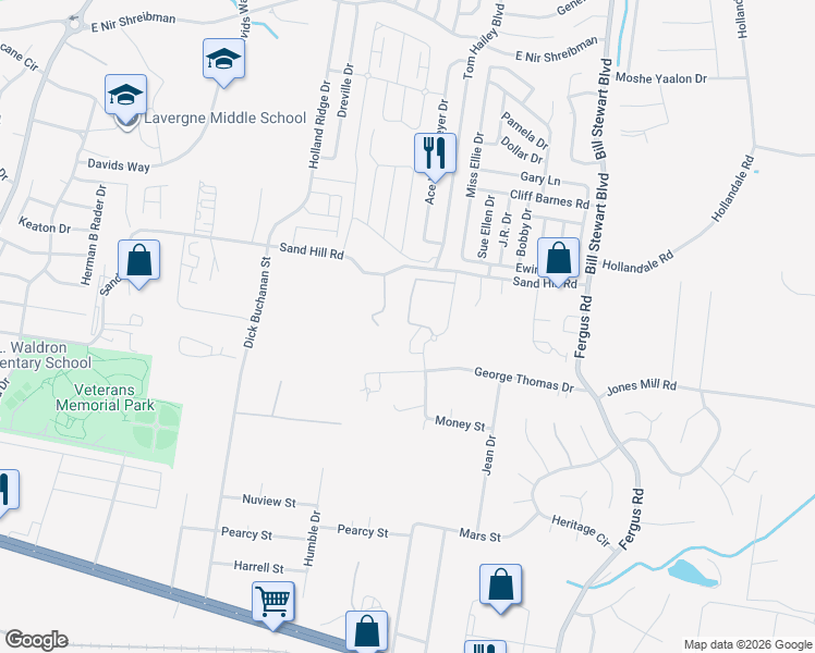 map of restaurants, bars, coffee shops, grocery stores, and more near 601 Minerva Drive in La Vergne
