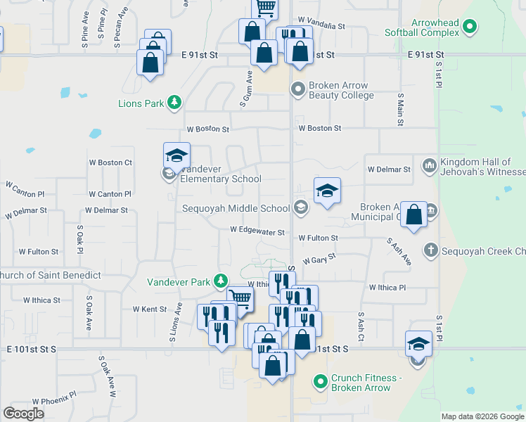 map of restaurants, bars, coffee shops, grocery stores, and more near 2521 South Hickory Avenue in Broken Arrow