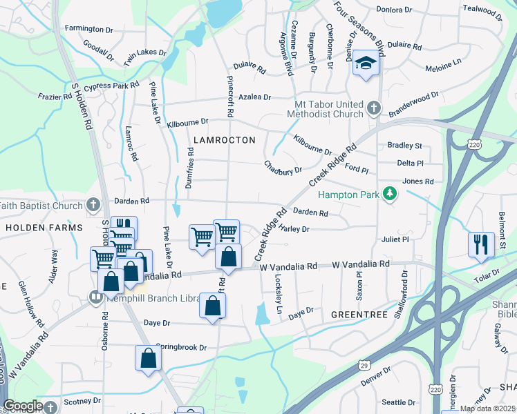 map of restaurants, bars, coffee shops, grocery stores, and more near 2719 Darden Road in Greensboro