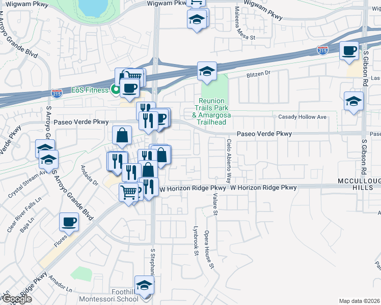 map of restaurants, bars, coffee shops, grocery stores, and more near 1305 Spice Ridge Court in Henderson