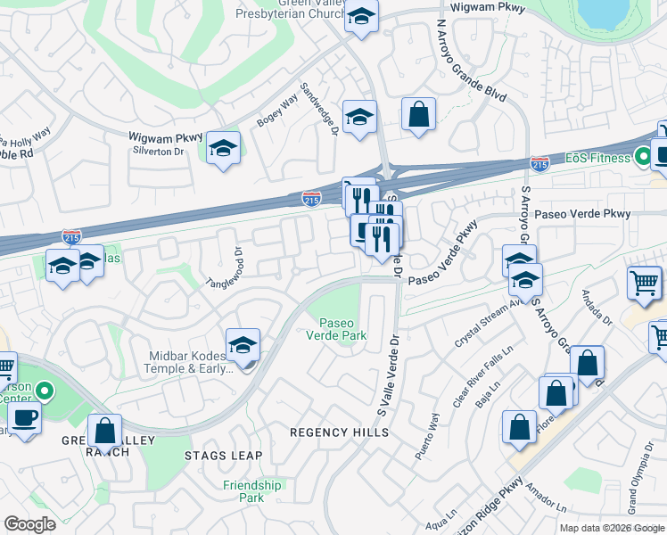 map of restaurants, bars, coffee shops, grocery stores, and more near 187 Mountainside Drive in Henderson