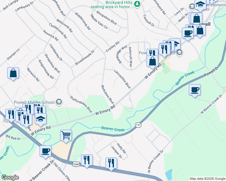 map of restaurants, bars, coffee shops, grocery stores, and more near 2721 Windemere Lane in Powell