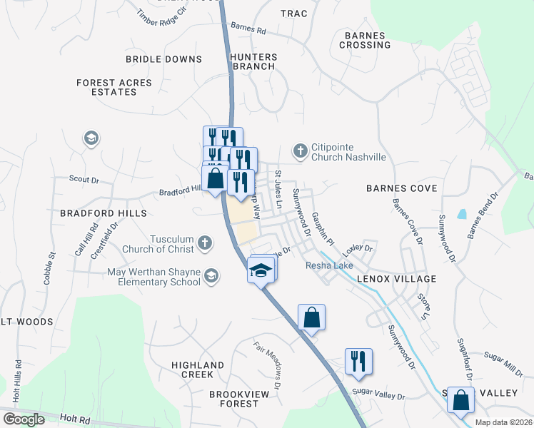 map of restaurants, bars, coffee shops, grocery stores, and more near 7706 Porter House Drive in Nashville