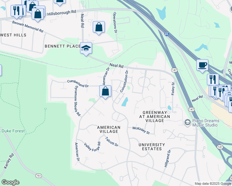 map of restaurants, bars, coffee shops, grocery stores, and more near 10 Saint Elias Drive in Durham