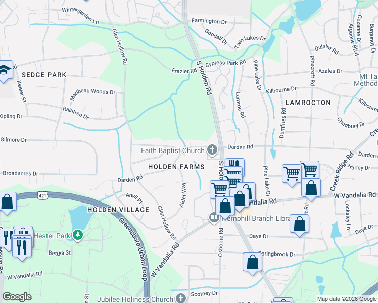 map of restaurants, bars, coffee shops, grocery stores, and more near 3201 Darden Road in Greensboro