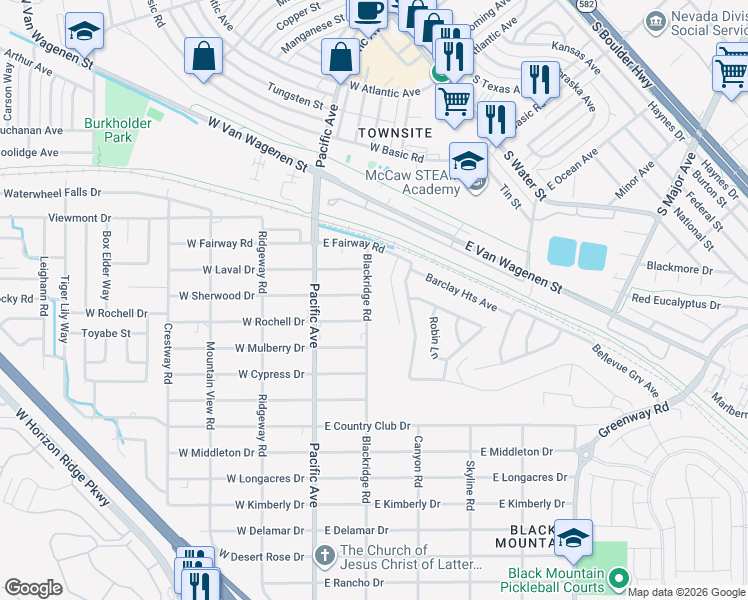 map of restaurants, bars, coffee shops, grocery stores, and more near 415 Blackridge Road in Henderson
