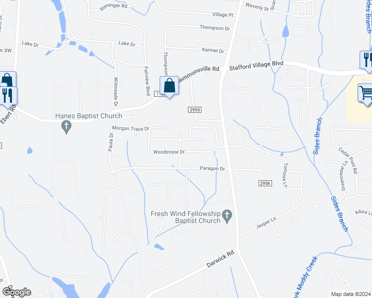 map of restaurants, bars, coffee shops, grocery stores, and more near 1781 Woodstone Drive in Winston-Salem