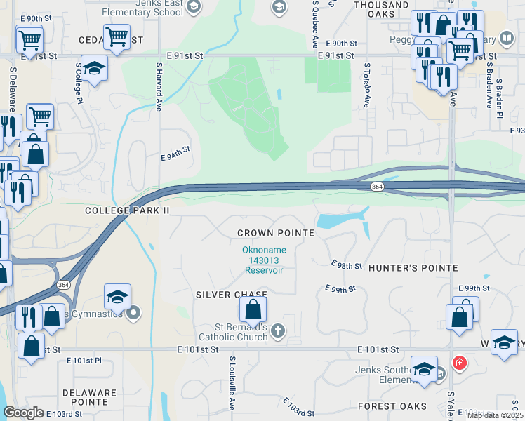 map of restaurants, bars, coffee shops, grocery stores, and more near 3647 East 96th Place in Tulsa