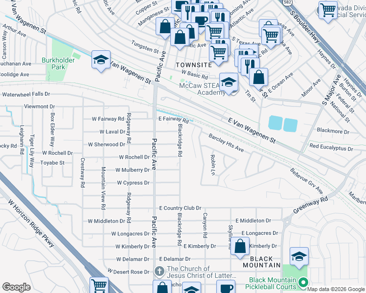 map of restaurants, bars, coffee shops, grocery stores, and more near 415 Blackridge Road in Henderson