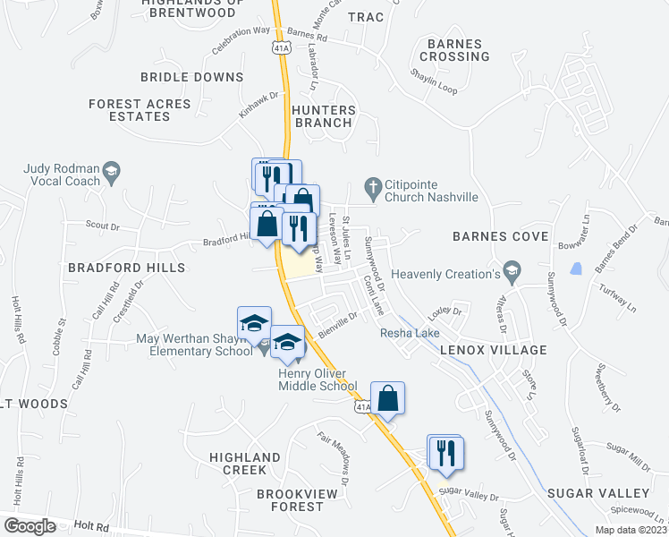 map of restaurants, bars, coffee shops, grocery stores, and more near 7715 Porter House Drive in Nashville