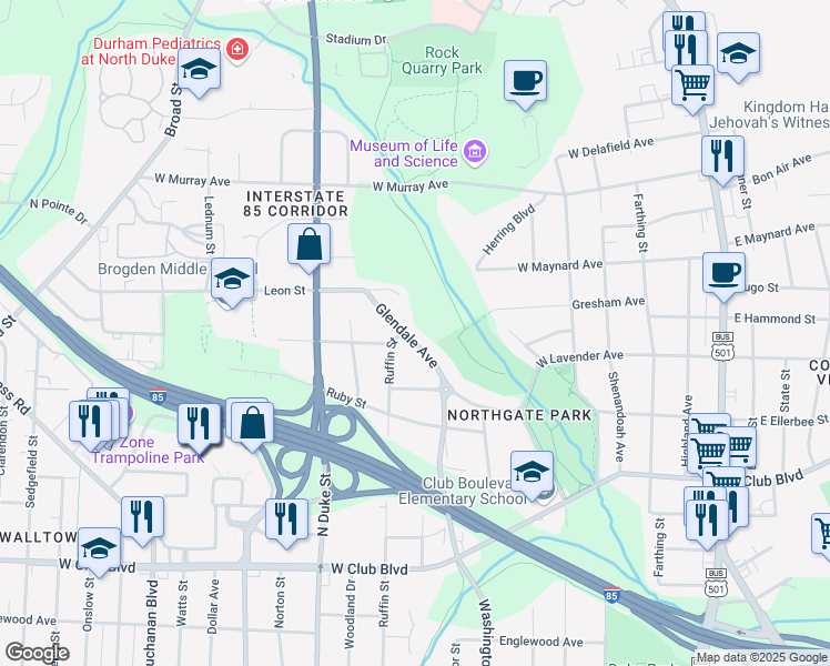 map of restaurants, bars, coffee shops, grocery stores, and more near 2528 Glendale Avenue in Durham