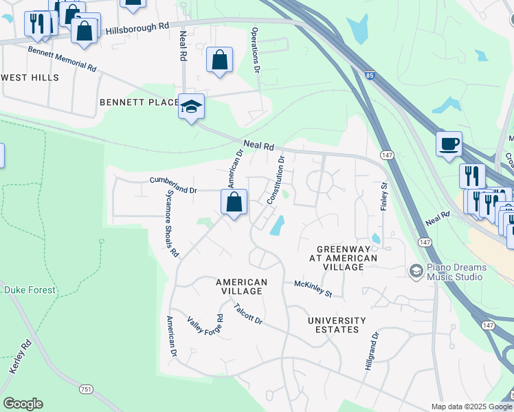 map of restaurants, bars, coffee shops, grocery stores, and more near 10 Saint Elias Drive in Durham