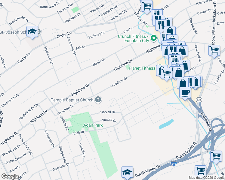 map of restaurants, bars, coffee shops, grocery stores, and more near 2218 Woodrow Drive in Knoxville