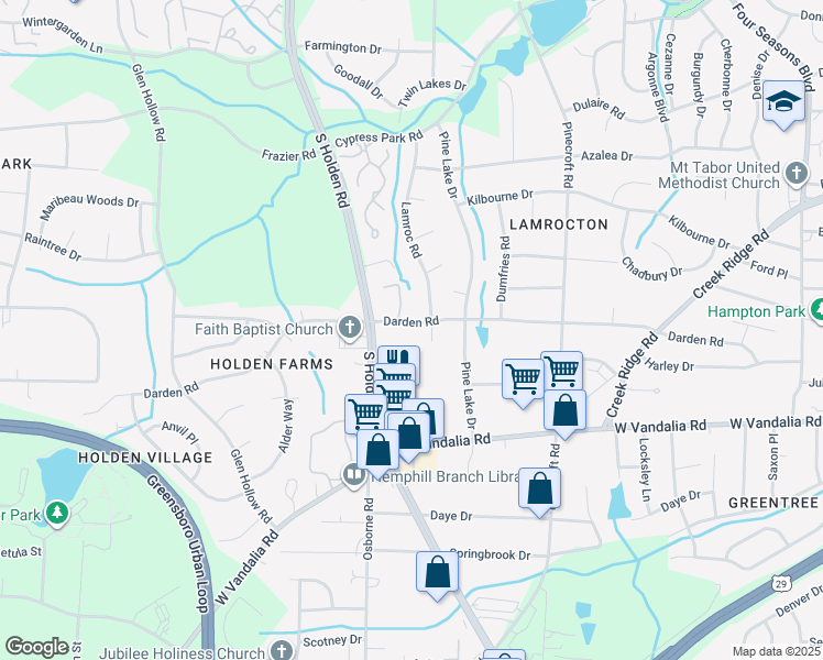 map of restaurants, bars, coffee shops, grocery stores, and more near 3005 Darden Road in Greensboro