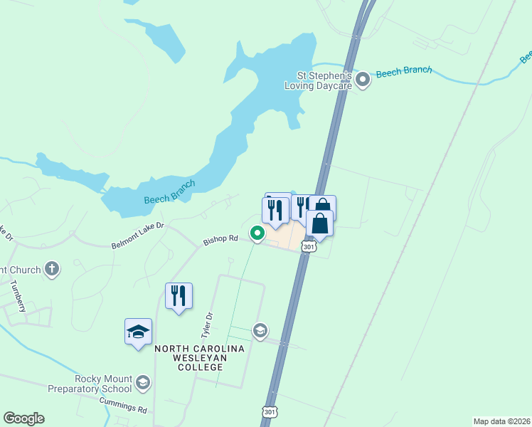 map of restaurants, bars, coffee shops, grocery stores, and more near 3766 Savannah Place in Rocky Mount
