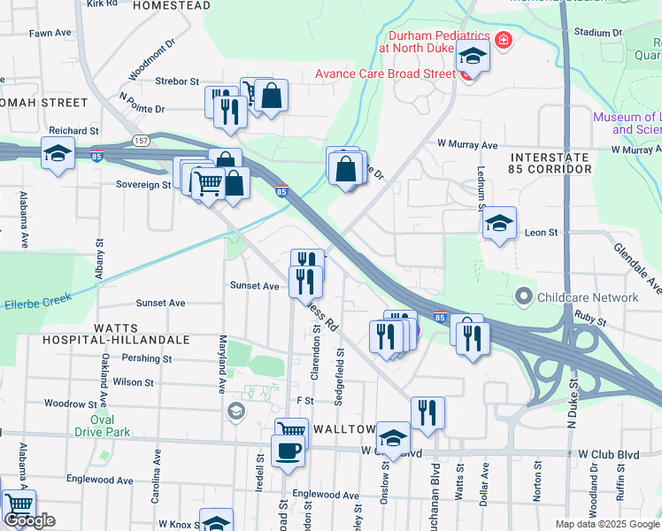 map of restaurants, bars, coffee shops, grocery stores, and more near 1711 Forest Road in Durham