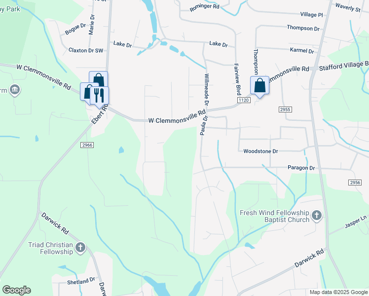 map of restaurants, bars, coffee shops, grocery stores, and more near 1950 West Clemmonsville Road in Winston-Salem