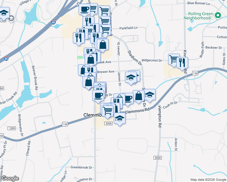 map of restaurants, bars, coffee shops, grocery stores, and more near 6040 James Street in Clemmons