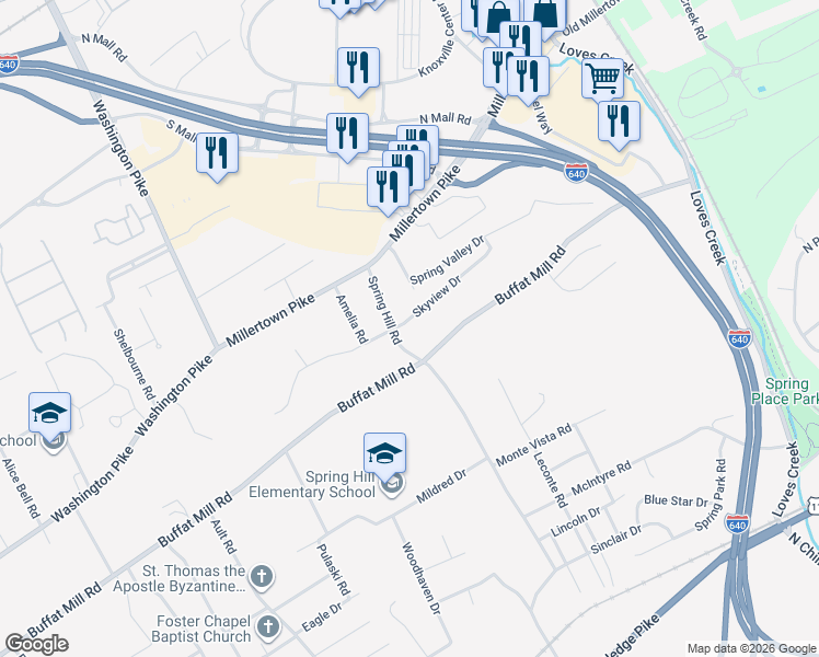 map of restaurants, bars, coffee shops, grocery stores, and more near 4904 Skyview Drive in Knoxville