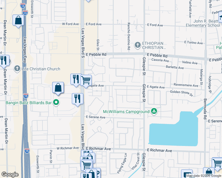 map of restaurants, bars, coffee shops, grocery stores, and more near 83 East Agate Avenue in Las Vegas
