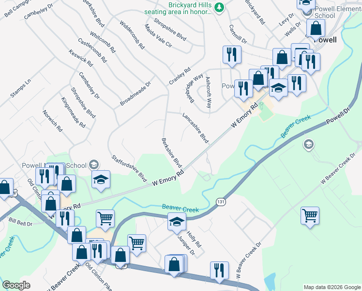 map of restaurants, bars, coffee shops, grocery stores, and more near 2721 Windemere Lane in Powell