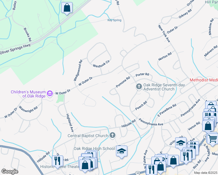 map of restaurants, bars, coffee shops, grocery stores, and more near 101 Plymouth Circle in Oak Ridge