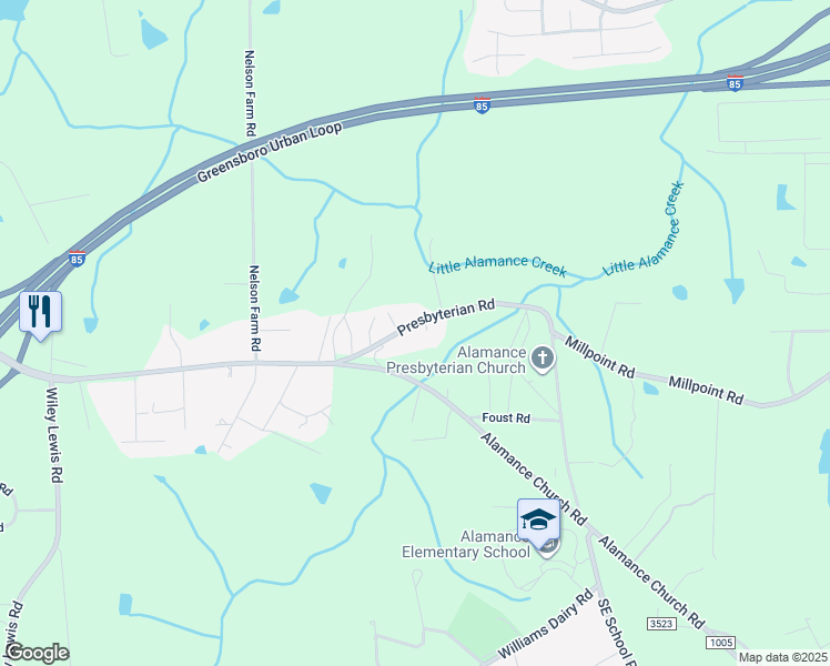 map of restaurants, bars, coffee shops, grocery stores, and more near 3914 Presbyterian Road in Greensboro
