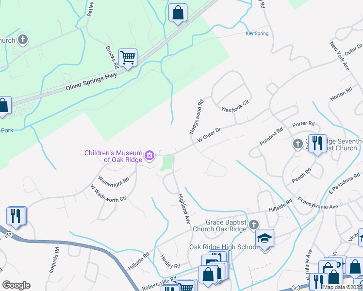 map of restaurants, bars, coffee shops, grocery stores, and more near 419 West Outer Drive in Oak Ridge