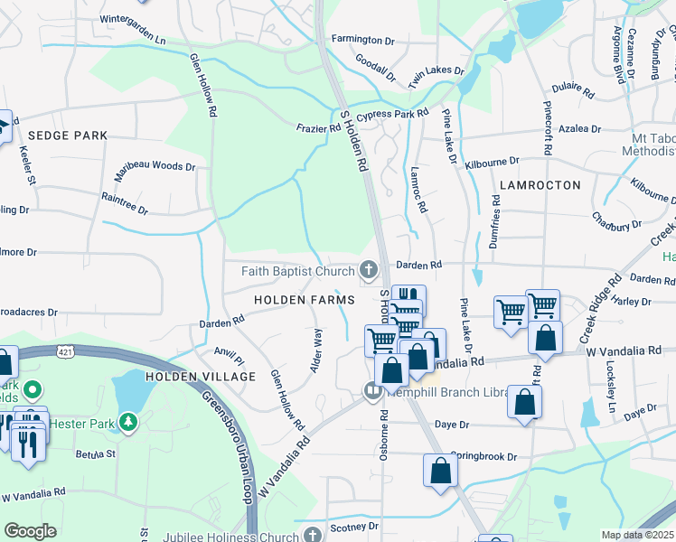 map of restaurants, bars, coffee shops, grocery stores, and more near 3107 Darden Road in Greensboro