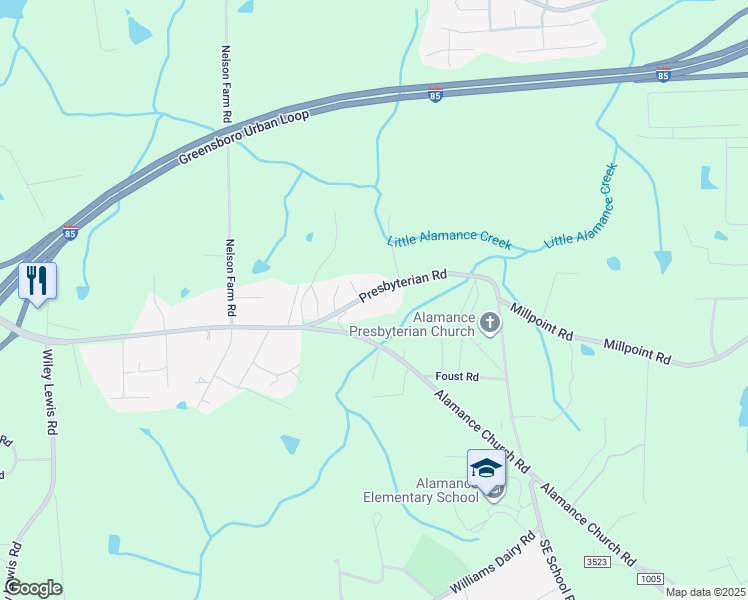 map of restaurants, bars, coffee shops, grocery stores, and more near 3914 Presbyterian Road in Greensboro
