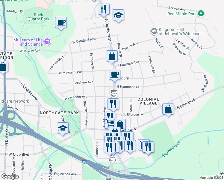 map of restaurants, bars, coffee shops, grocery stores, and more near 2611 North Roxboro Street in Durham