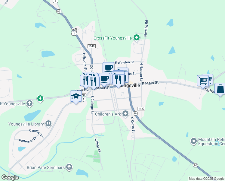 map of restaurants, bars, coffee shops, grocery stores, and more near 100 Sunset Drive in Youngsville