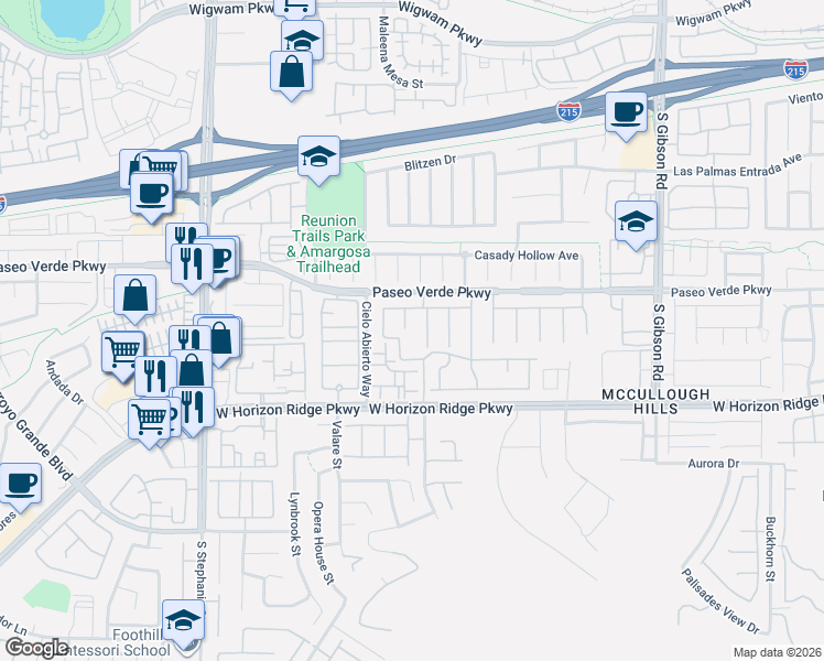 map of restaurants, bars, coffee shops, grocery stores, and more near 180 Thunder Plains Way in Henderson