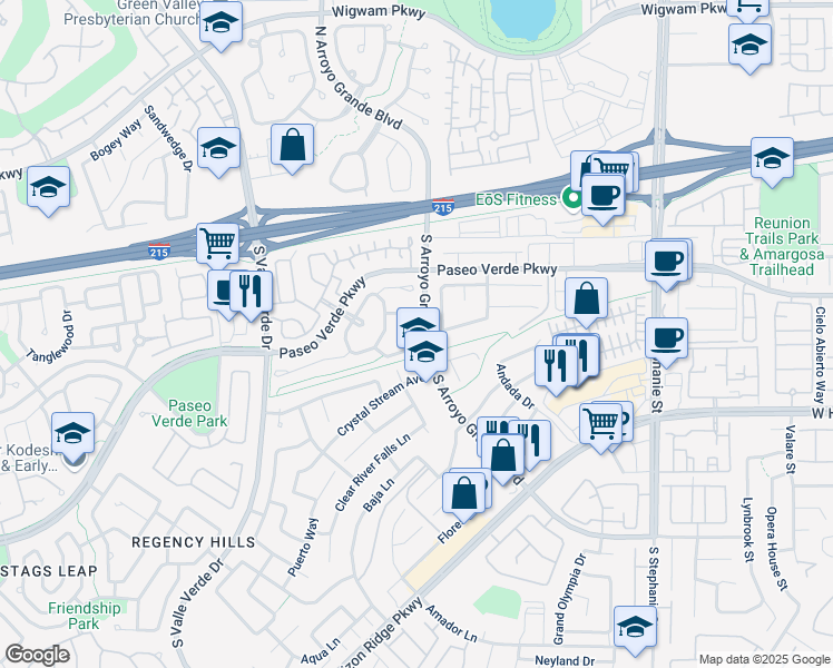 map of restaurants, bars, coffee shops, grocery stores, and more near 1599 Deer Meadow Drive in Henderson