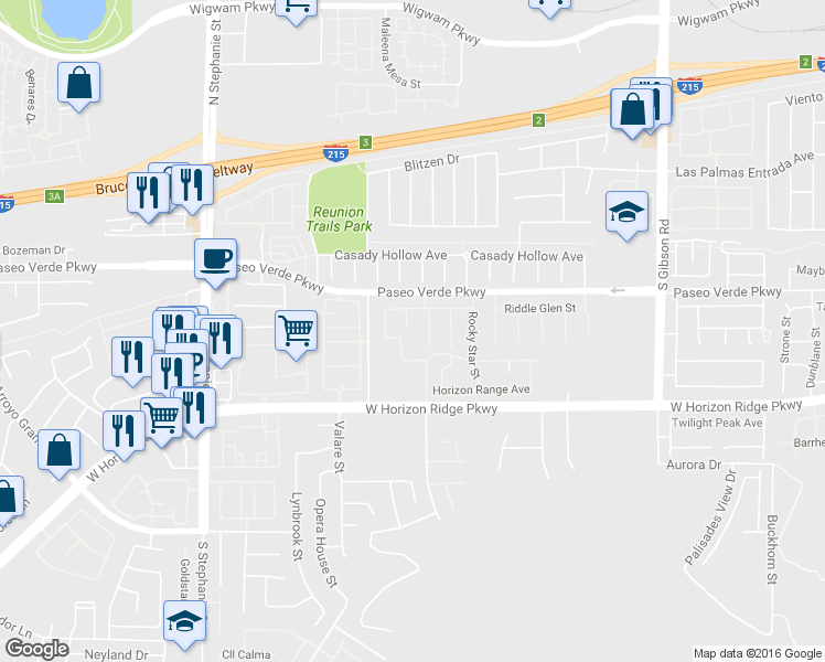 map of restaurants, bars, coffee shops, grocery stores, and more near 180 Thunder Plains Way in Henderson